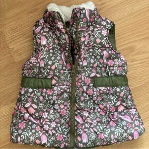 Nannette Baby Pink and Green Floral Bird Puffy Vest 18M